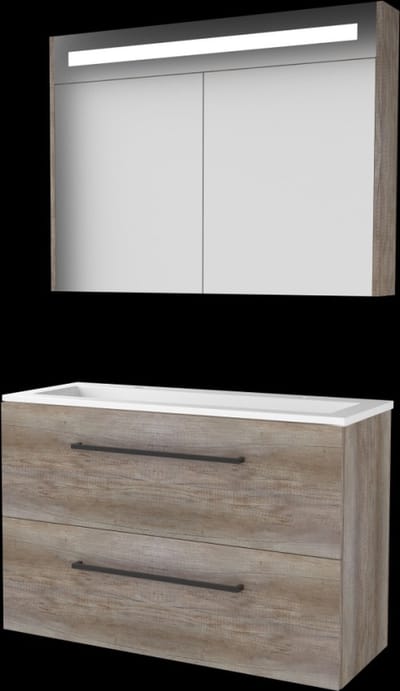 Basic Premium 39 badmeubelset met spiegelkast met geïntegreerde LED verlichting, wastafelonderkast met grepen, 2 lades en acryl wastafel met 2