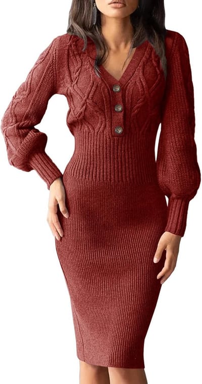 Elegante V-hals Trui-jurk voor Dames - Lange Mouwen, Knielang, Modieuze Gebreide Jurk voor Herfst en Winter