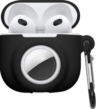 kwmobile oordopjes case geschikt voor Apple Airpods 4 hoesje - Oortjes cover met AirTag houder - In-ear koptelefoon hoes - Silicone in zwart
