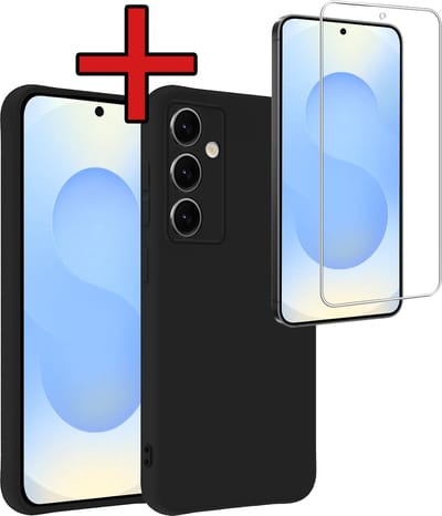 Hoesje - Met Screenprotector - Geschikt voor Samsung Galaxy S25 FE - Sterk & Shockproof - Telefoon Hoes - Back Cover - Siliconen Case - Telefoonhoes - Zwart