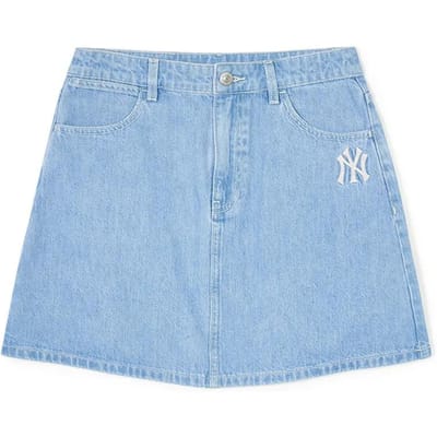 MLB SS24 New York Yankees Logo Moyen Jupe en Jean Coupe A-Line Lavée Femme jupes Bleu Clair 3FDSB0343-50BLL M gray