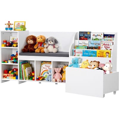 LeeshoEKJE VOOR KINDEREN, Houten Opbergbank met Rugleuning, Boekenkast & Speelgoed Organizer voor Kinderen, Grote Speelgoedkist voor Speelkamer, Woonkamer of Hal, Makkelijk