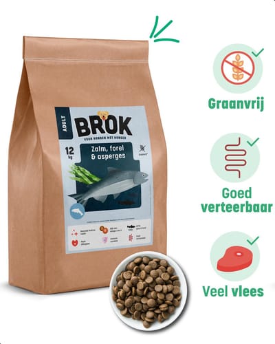BROK Hondenvoer – Zalm, Forel & Asperges – 12kg Graanvrij – Voor Volwassen Honden – Hondenbrokken Met Veel Vlees, Licht Verteerbaar & Gezond