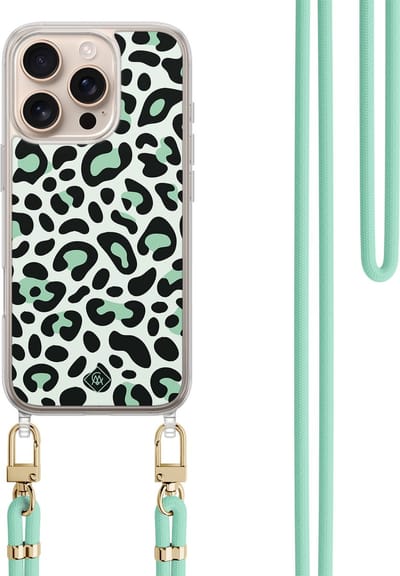 Casimoda® hoesje met koord - Geschikt voor iPhone 16 Pro Max - Leopard Mint - Afneembaar koord - TPU/polycarbonaat - Mint