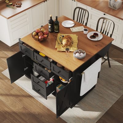 Hoogwaardige kookeiland, Multifunctionele serveerwagen met houtnerf & grote opslagruimte, Mobiele buffetkast, Keukenkar voor eetkamer, woonkamer, keuken, Zwart