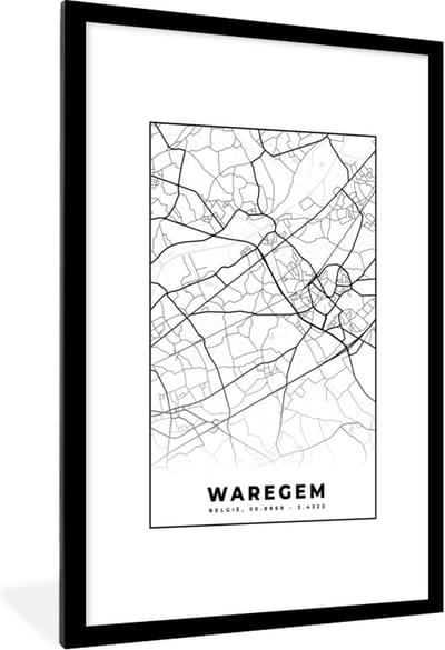 Fotolijst incl. Poster Zwart Wit- Zwart Wit – België – Plattegrond – Stadskaart – Kaart – Waregem - 80x120 cm - Posterlijst