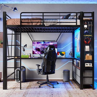 Komhtom Hoogslaper, 90 x 200 cm, ijzeren frame met bureau, met droogrek, met planken, 4 lades, met USB-aansluiting + TYPE-C, LED-strip, leuning, ladder, met plank met gaten, zonder matras, zwart