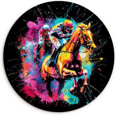 WallCircle® Wandcirkel 120x120 cm - Muurcirkel Graffiti - Sport - Paard rensport - Paardrijden - Kinderkamer - Meisjes - Muurdecoratie cirkel woonkamer - Wanddecoratie slaapkamer - Kamer decoratie accessoires - Ronde schilderijen binnen