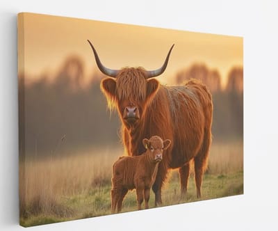 Saammp - Canvas Schilderij - Schotse Hooglander Koe - Kalf - Landschap - Dieren - Natuur - 45x30 - Foto op canvas - Wanddecoratie - muurdecoratie Woonkamer - Slaapkamer decoratie - Canvas Print