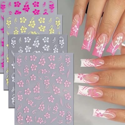Dailygoody - Hibiscus nagelstickers - 3D-nagelstickers - Zelfklevend - Wit, roze, geel, magenta - Nageldecoratie - Zomerlook - Geschikt voor alle