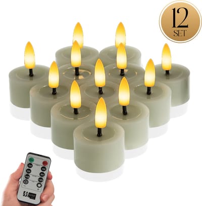 Meisterhome® LED-theelichten 12-delige set Sage - vlamloze LED kaarsen - flikkerend licht – LED waxinelichtjes – Ø 4,5 cm, hoogte 2,5 cm – echte wax – met timer & afstandsbediening – werkt op batterijen – warm wit licht