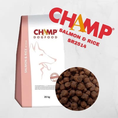 Champ hondenvoer Zalm rijst 20 kg met zachte beloning zalm 200 gram