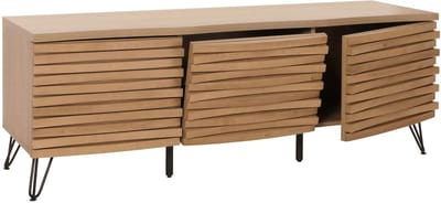 TV rek MCW-M49, lowboard TV meubel, 3D design opbergvakken, massief hout mangometaal 52x142x44cm ~ naturel