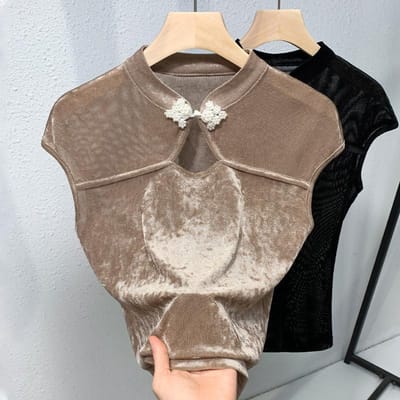 Nieuwe Chinese Knoop Top voor Dames In Herfst Nieuw Retro Design Zwarte Basis Shirt Holle Mouwen Chinese Stijl T-shirt 3XL bruin