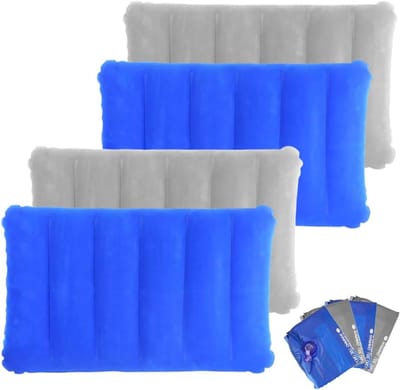 Opblaasbare Kussen Set van 4 Stuks, Vouwbaar en Comfortabel, Ideaal voor Kamperen, Reizen en Wandelen, Waterdicht en Zacht, 47x30cm (Donkerblauw en Grijs)