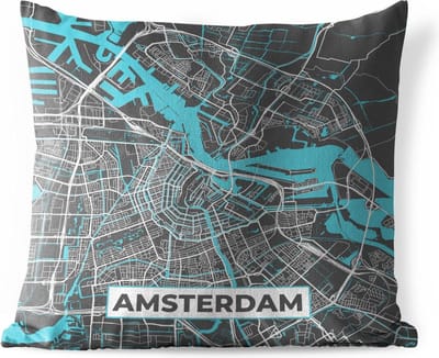 Buitenkussen - Plattegrond - Amsterdam - Grijs - Blauw - 45x45 cm - Weerbestendig - Stadskaart