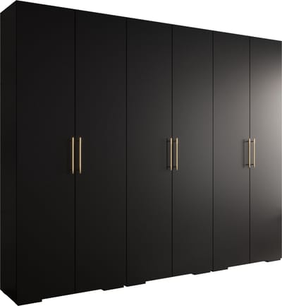 Opbergkast Kledingkast met 6 draaideuren Garderobekast slaapkamerkast Kledingstang met planken | Gouden Handgrepen, elegante kledingkast, glamoureuze stijl (LxHxP): 300x237x47 cm - IVONA 3 (Zwart, 300 cm)