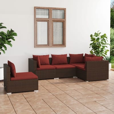 vidaXL - 5-delige - Loungeset - met - kussens - poly - rattan - bruin