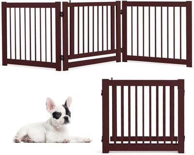 COSTWAY 3-delig afsluitrooster voor honden, vrijstaand hondenhek met deur, 61 cm hoog, beschermingsrooster, hout, traphek, kinderrooster, inklapbaar, hondenbarrière voor open haard en trap, bruin