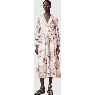 AllSaints Zora Midi Dress Unity Ecru White Taglia: 8 | Abiti Midi Outlet | Donna | Marrone
