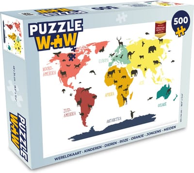 Puzzel Wereldkaart - Kinderen - Dieren - Roze - Oranje - Jongens - Meiden - Legpuzzel - Puzzel 500 stukjes