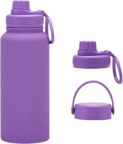 Oneay Geïsoleerde waterfles – grote roestvrijstalen drinkfles – 1 liter sport- en reisfles voor heren – lekvrij en thermisch geïsoleerd – inclusief 2 doppen – geschikt voor sportschool en wandelen - Paars