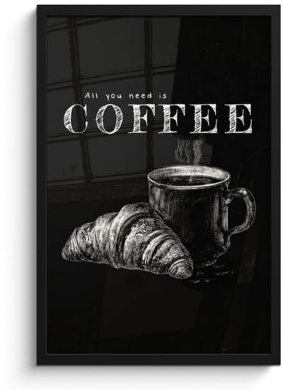 Poster in lijst - Fotolijst 40x60 cm - Posters - Koffie - Croissant - Tekst - Posterlijst zwart - Decoratie - Wanddecoratie woonkamer - Muurdecoratie slaapkamer