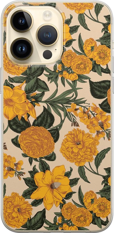 Leuke Telefoonhoesjes - Hoesje geschikt voor iPhone 14 Pro Max - Retro flowers - Soft case - TPU - Bloemen - Geel