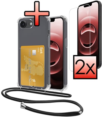 Hoes Geschikt voor Apple iPhone 16e / 17e Hoesje Pasjeshouder Cover Met Koord Shock Proof Case Siliconen Hoes Met Telefoonkoord en Kaarthouder Met 2x Screenprotector - Transparant