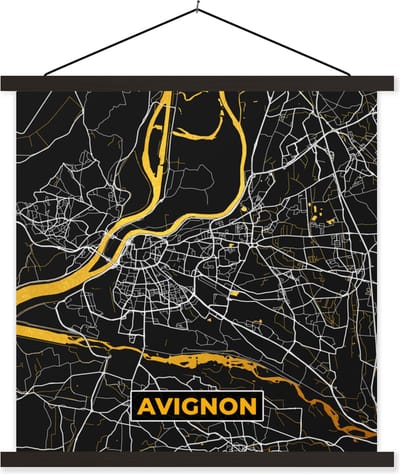 Posterhanger incl. Poster 60x60 cm - Schoolplaat - Plattegrond – Kaart – Avignon - Frankrijk – Stadskaart - Textielposter - Zwarte latten - Stadskaart