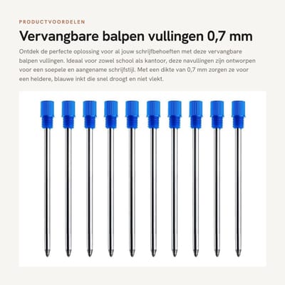 Dailygoods- Balpen Vullingen 10 Stuks - 0,7 mm - Blauw - Hoogwaardig Metaal - Lichtgewicht - Duurzaam - Sneldrogende Inkt - Penvullingen
