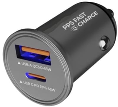 45W auto snellader met 2 poorten. USB A en USB C poort. Compacte en krachtige lader. Autolader adapter past op Apple iPhone 15, iPhone 15 Plus, 15 Pro, 15 Pro Max, iPhone 16, 16 Plus, 16 Pro, iPhone 17, 17 Air, 17 Pro, 17 Ultra