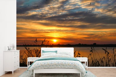 Behang - Fotobehang Zonsondergang - Zee - Horizon - Lucht - Planten - Breedte 330 cm x hoogte 220 cm