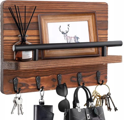 Houten sleutelhouder - Wandplank - 25*18,5*7,5 cm - Met 5 haken - Voor sleutels, portemonnees, afstandsbedieningen, documenten en brieven