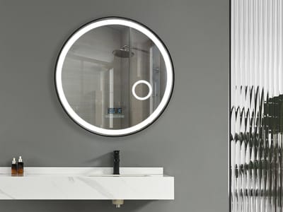 Mawialux LED Badkamerspiegel - 80cm - Rond - Mat zwarte rand - Make up vergroting spiegel - Verwarming - Digitale klok - Bluetooth - Josh