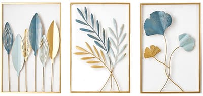 MODFU Wanddecoratie – 3-delig set bladeren 44x30 cm – Stijlvol en tijdloos ontwerp – Makkelijk ophangen – Voor woonkamer, slaapkamer, hal – IJzer – Meerkleurig