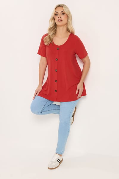 Yours Rood Geribbeld Swingtopje Met Knoopsluiting Aan De Voorkant Size 42