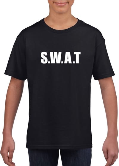 Politie SWAT team tekst - t-shirt - zwart - voor kinderen - verkleedkleding - carnaval 110/116