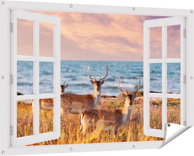 Gards Tuinposter Doorkijk Drie Herten aan de Zee tijdens Zonsondergang - 150x100 cm - Tuindoek - Tuindecoratie - Wanddecoratie buiten - Tuinschilderij