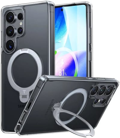 TORRAS UPro Ostand Spin Hoesje Geschikt voor Samsung Galaxy S25 Ultra - Compatibel met MagSafe / Qi2 - 360° Draaibare Magnetische Standaard - Back Cover Kickstand Ring - Transparant