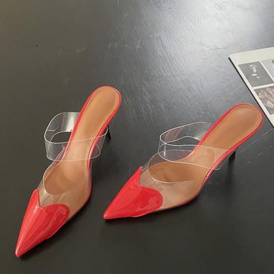 Mode Rode Hartvormige Puntige Neus Stiletto Hoge Hakken Vrouwen Muiltjes Slippers Pvc Band Schoenen Dames Jurk Pumps Sandalen 37 rood