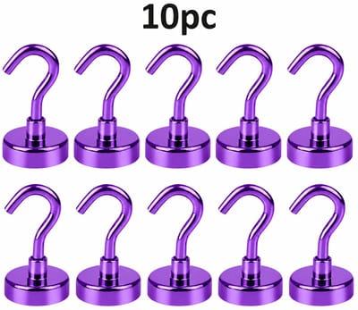 TLVX 10 stuks Haak magneet Paars 16mm x 36mm / Erg sterk / 7 KG trekkracht / Magnetische ophanghaak / Magneet met haak / Metalen haak / Deurmagneet haak voor sleutels / Koelkast magneet handdoek / Magneet gereedschap / Foto magneet met handdoekhaak