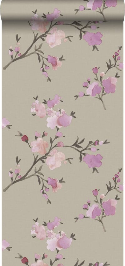 ESTAhome behang kersenbloesems taupe en lila paars - 53 cm x 10.05 m - 148717