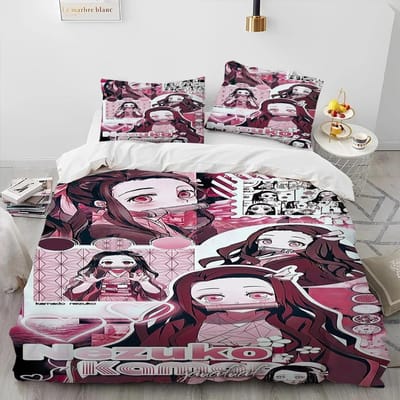 Ensemble de Literie Demon Slayer Kamado Nezuko Housse de Couette Ensemble Couvre-lit Taie d'Oreiller Taille King Queen Complète Simple Linge de Lit Enfant Adolescent Cadeau EU Twin(135x200cm)