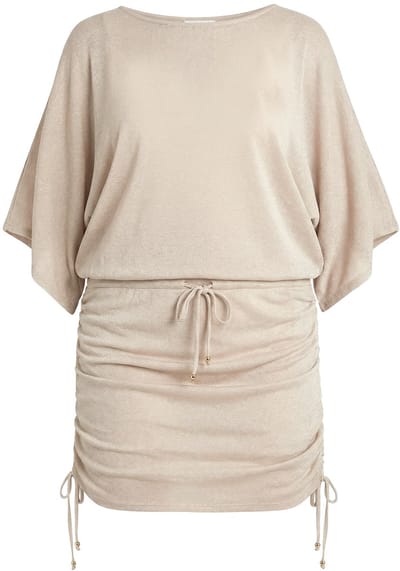 Ulla Popken - Dames - Strandjurk metallic effect boothals korte mouwen - Zand - Maat 58+