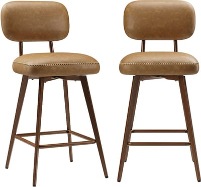 COLAMY - Set van 2 draaibare barkrukken van PU-kunstleer - toonbankhoogte - modern midden-eeuws design - met lage rugleuning en metalen onderstel - geschikt voor keukeneilanden - kleur bruin