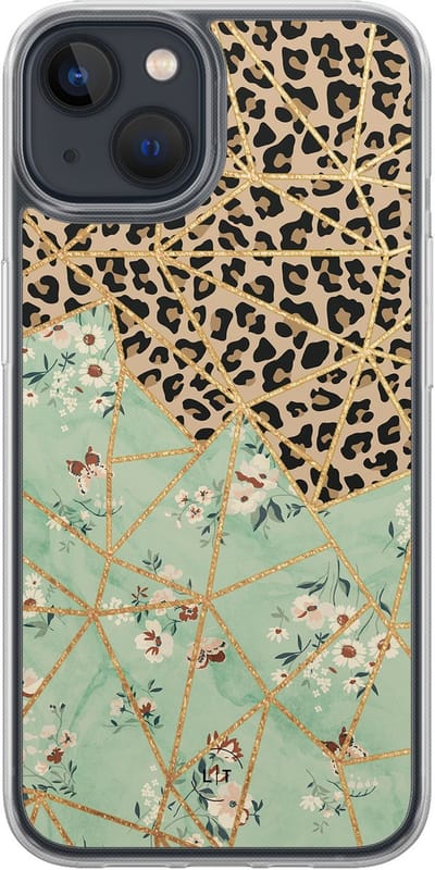Hoesje geschikt voor iPhone 13 - Luipaard bloemen print - 2in1 backcover - Print / Illustratie - Groen - Leuke Telefoonhoesjes