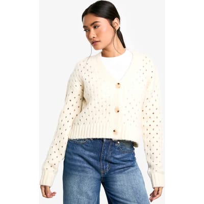 boohoo Dames Fluffy Gebreide Cardigan met Gatdetail | Creme | Maat: Small