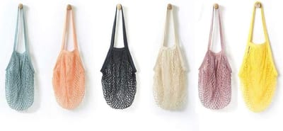 6-Delige Herbruikbare Groentevruchtzakken – Wasmogelijk Katoen Mesh Net Totes met Lange Handvatten (Grijsblauw, Zwart, Beige, Roze, Paars, Geel)