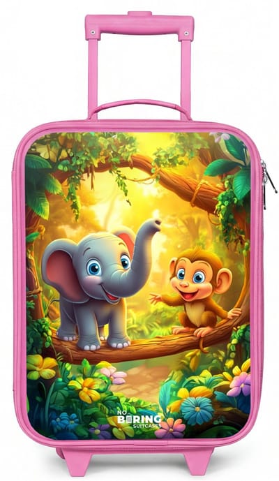 NoBoringSuitcases.com® - Kinderkoffer roze - Kindertrolley meisje - Olifant en aapje in kleurrijke jungle - Koffer kind lichtgewicht - Reiskoffer trolley voor kinderen - Koffertje met lichtgevende wieltjes - Rolkoffer